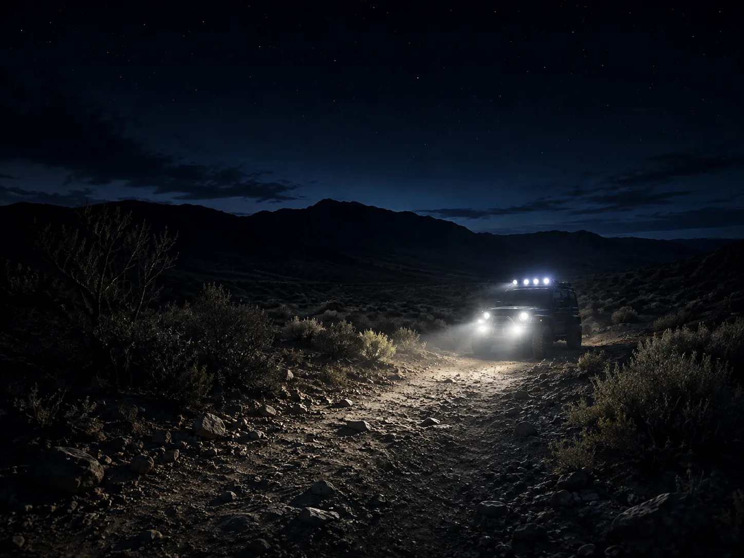 A vehicle picking its way along a desert trail after dark, headlights and roof lights lighting the ground in front.